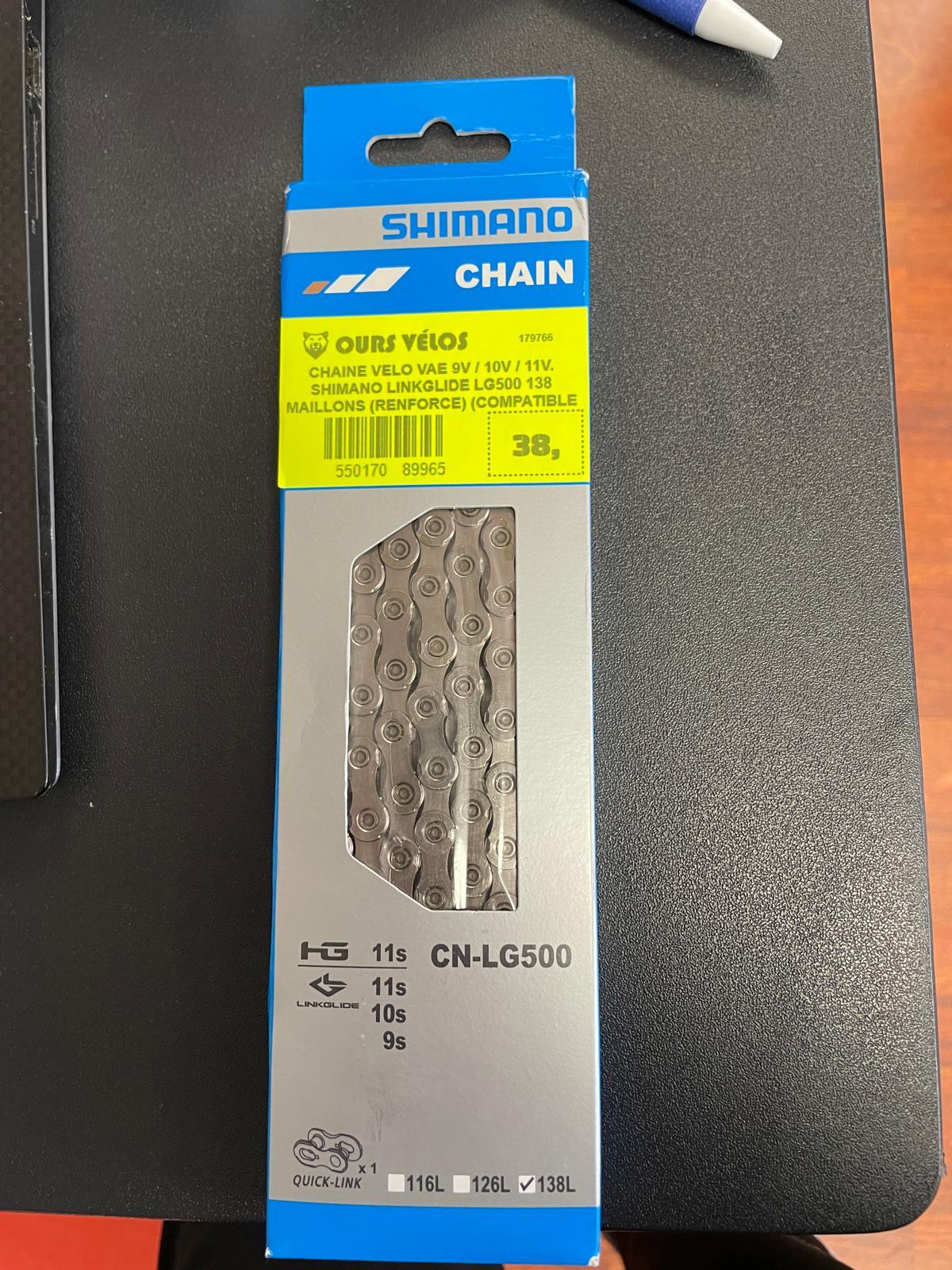 CHAINE VELO VAE 9V / 10V / 11V. SHIMANO LINKGLIDE LG500 138 MAILLONS (RENFORCE) (COMPATIBLE ROUTE/VTT 11V ET LINKGLIDE) - OURS VÉLOS