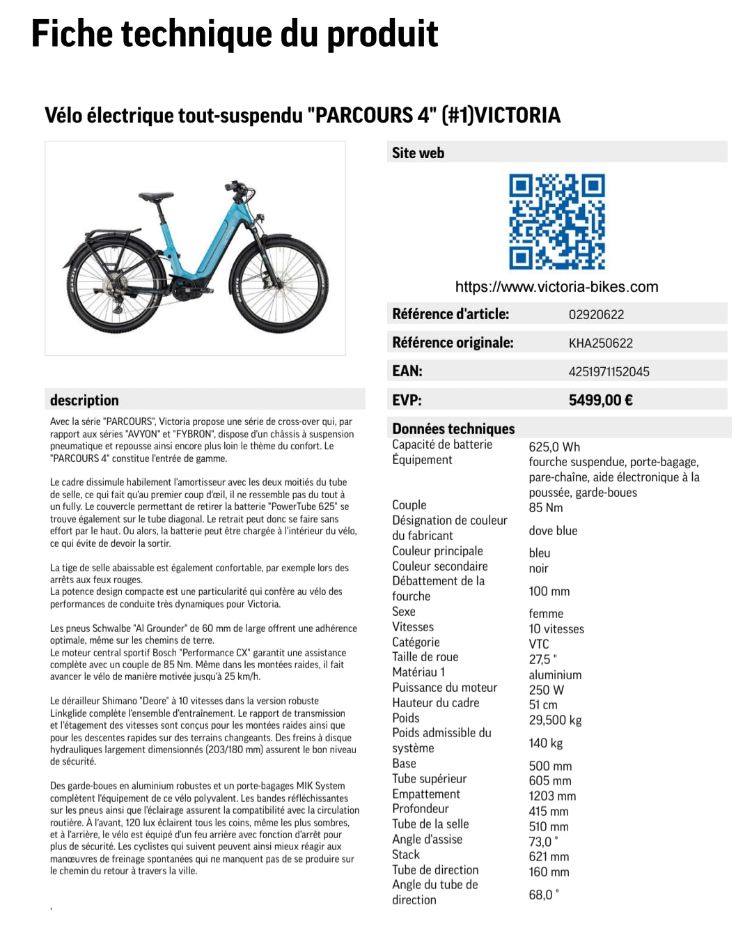 (-2500€) Vélo électrique VICTORIA Parcours 4 neuf – Bosch Performance CX 85 Nm – Batterie 625Wh – Tout Suspendu - Taille M 51cm– Déstockage Usine. Essai disponible