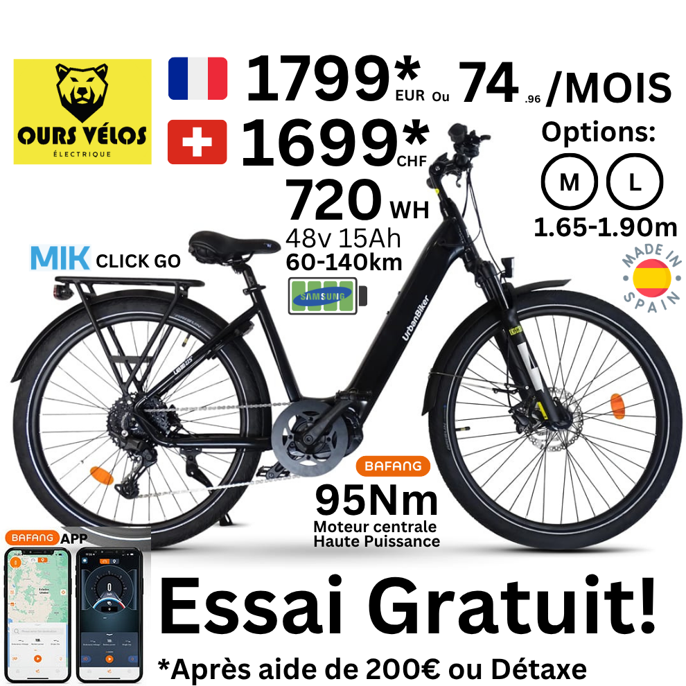 UrbanBiker UB110B – Vélo Électrique Urbain Confort 720 Wh | Moteur Central 95 Nm