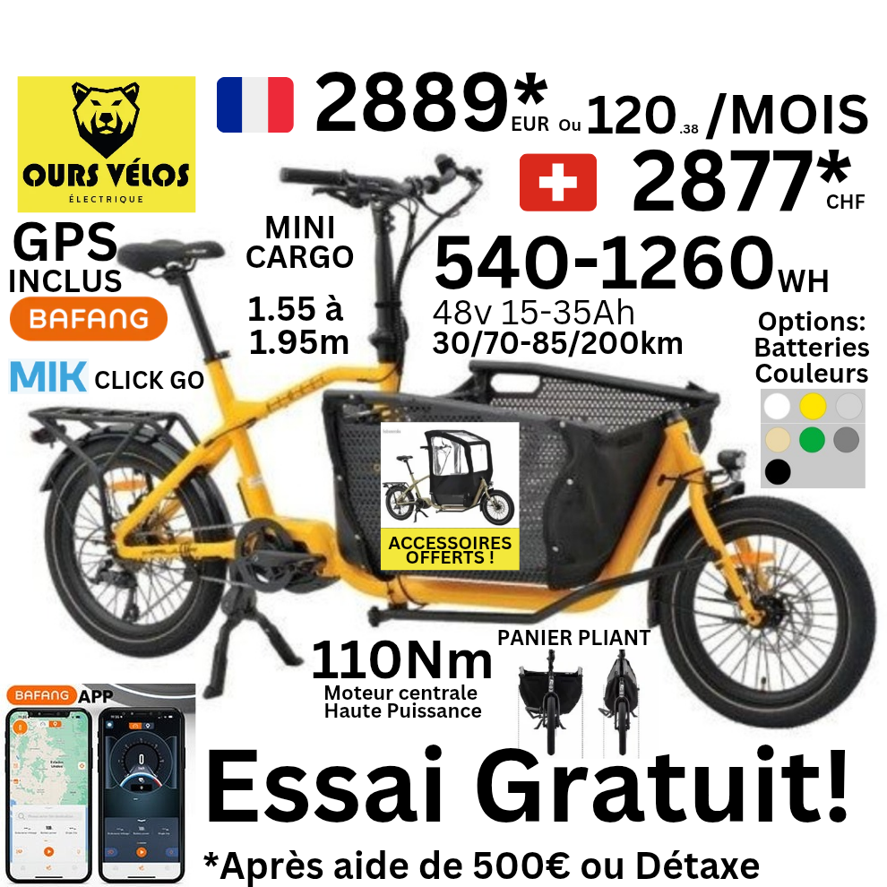 ATMOSE ESP3 – Vélo Cargo Compact Électrique Moteur Central 110 Nm. Demo / Essai disponible.